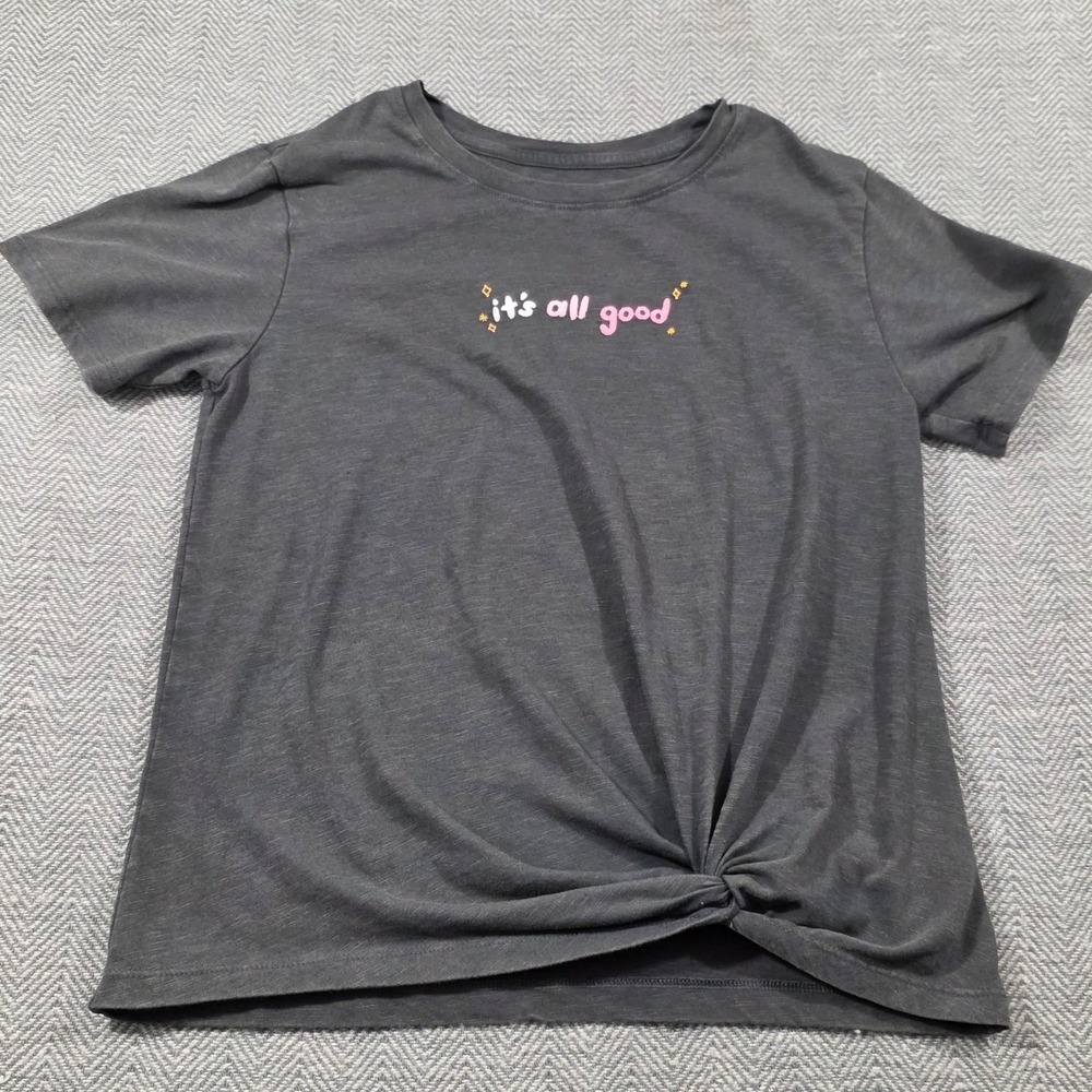 Cat & Jack Girls Gray Its All Good Embroidered Front Knot Graphic Tee L 10/12 - Picture 2 of 7